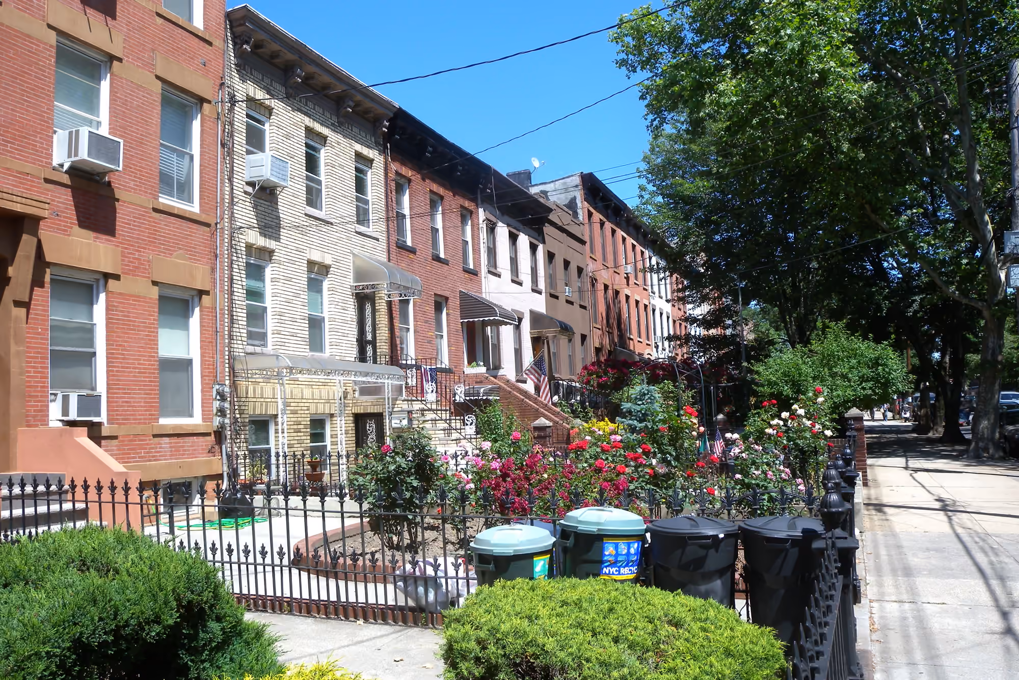 Townhouses and planted front gardens along 4th Street in Carroll Gardens