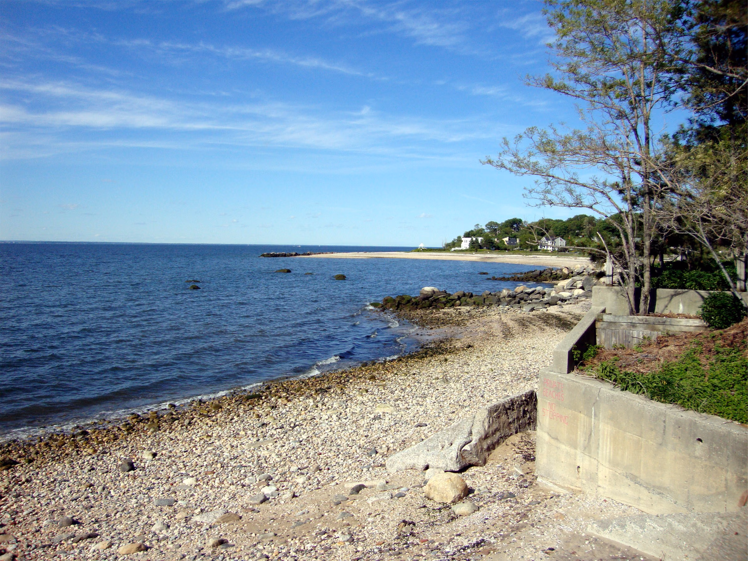 Rocky Long Island Sound shoreline in Bayville, New York