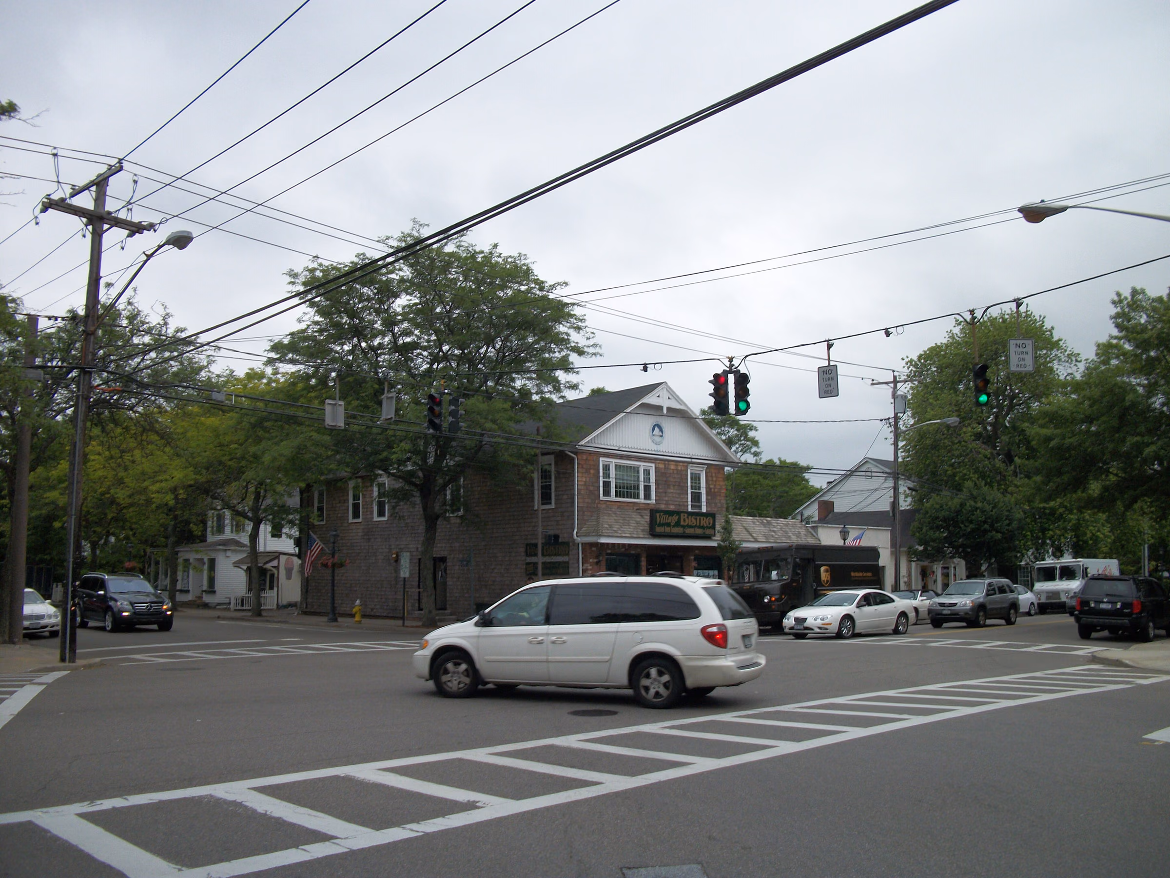 Village Bistro and the Four Corners intersection in Bellport