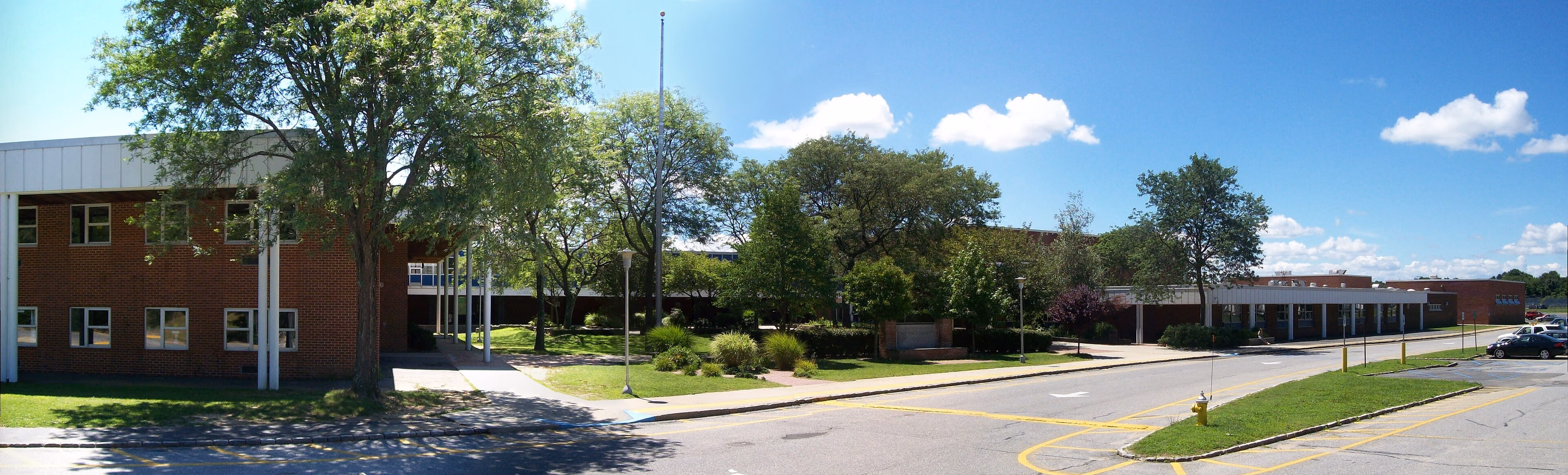 Landscaped Northport High School grounds in East Northport, New York