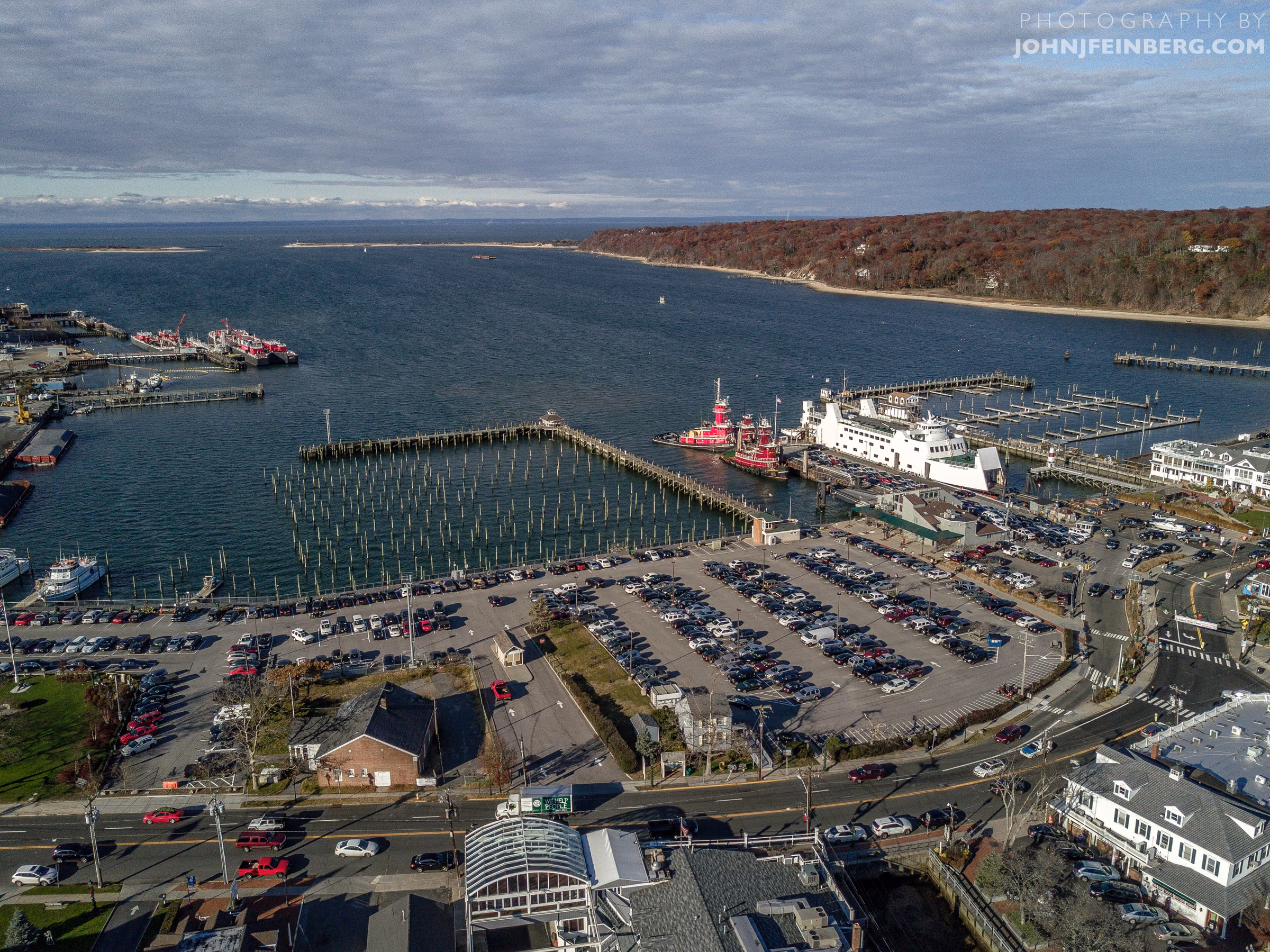 Aerial view of Port Jefferson Harbor and waterfront, New York