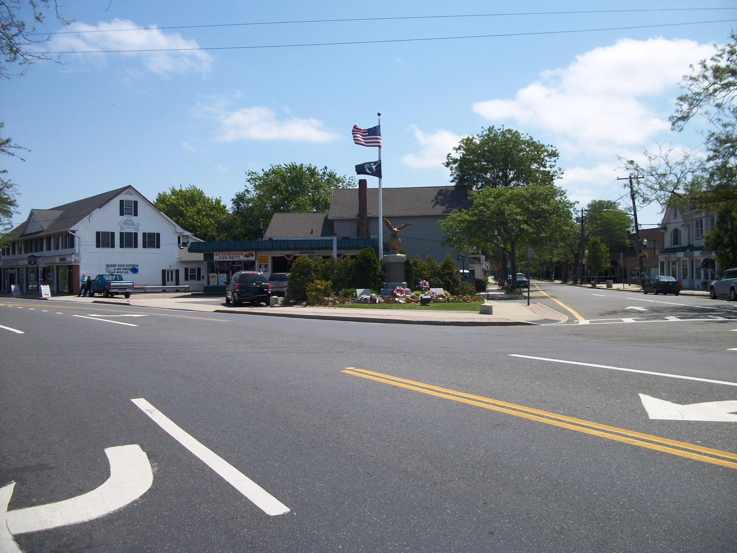 Main Street and the war memorial in downtown Sayville