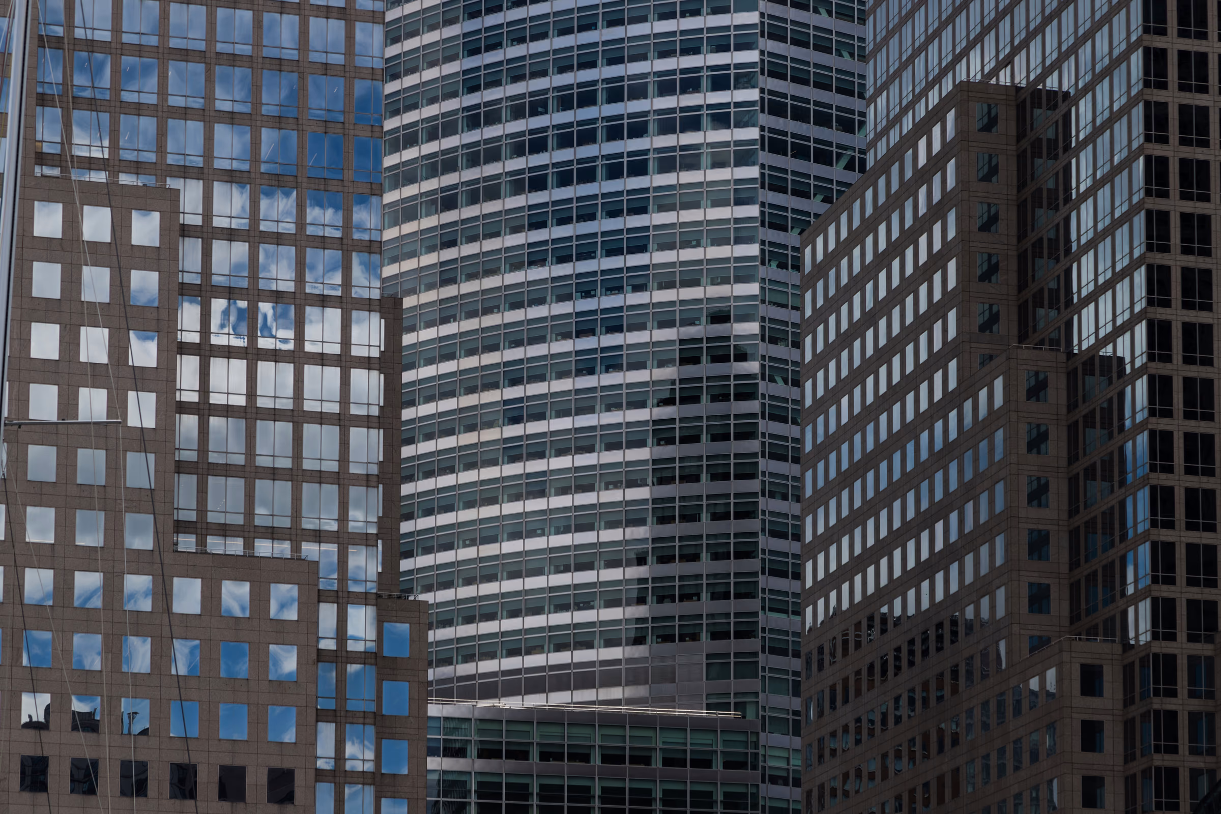 Glass and stone office towers in Battery Park City, Manhattan.