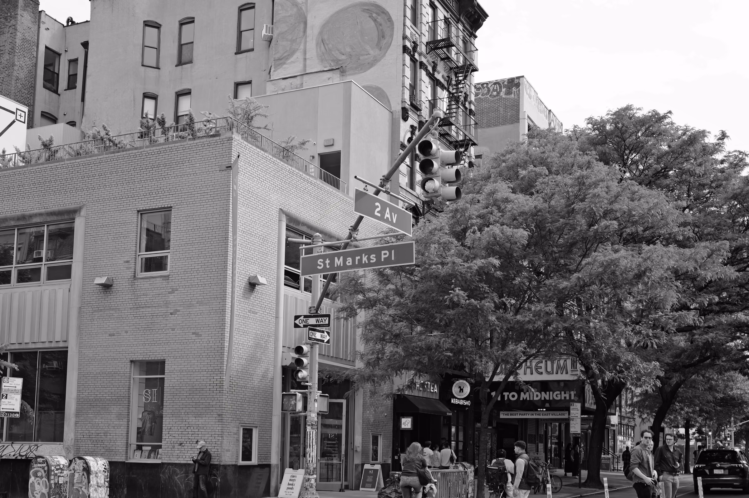 Black-and-white view of Saint Marks Place and Second Avenue in the East Village, Manhattan.