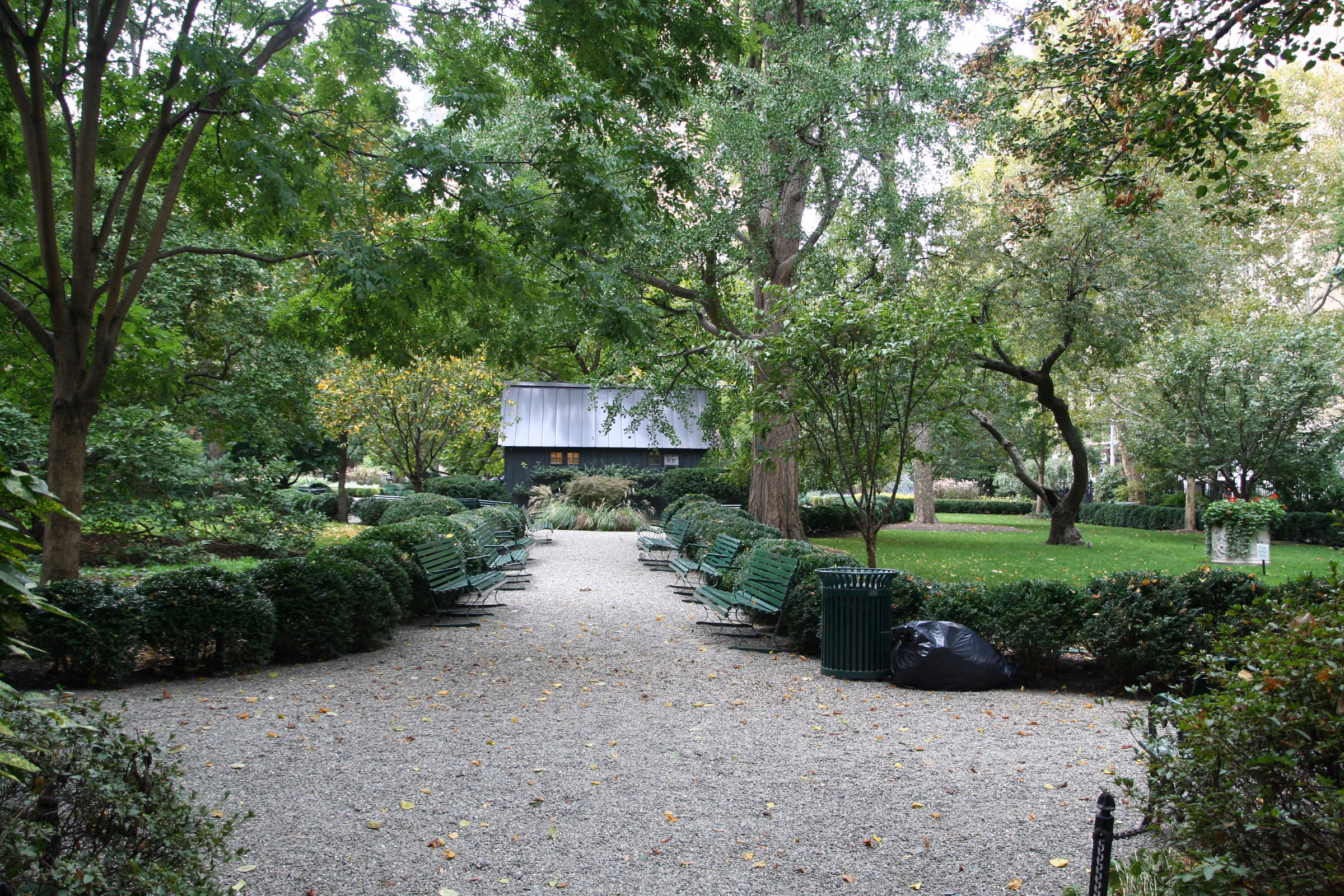 Tree-lined garden path inside Gramercy Park