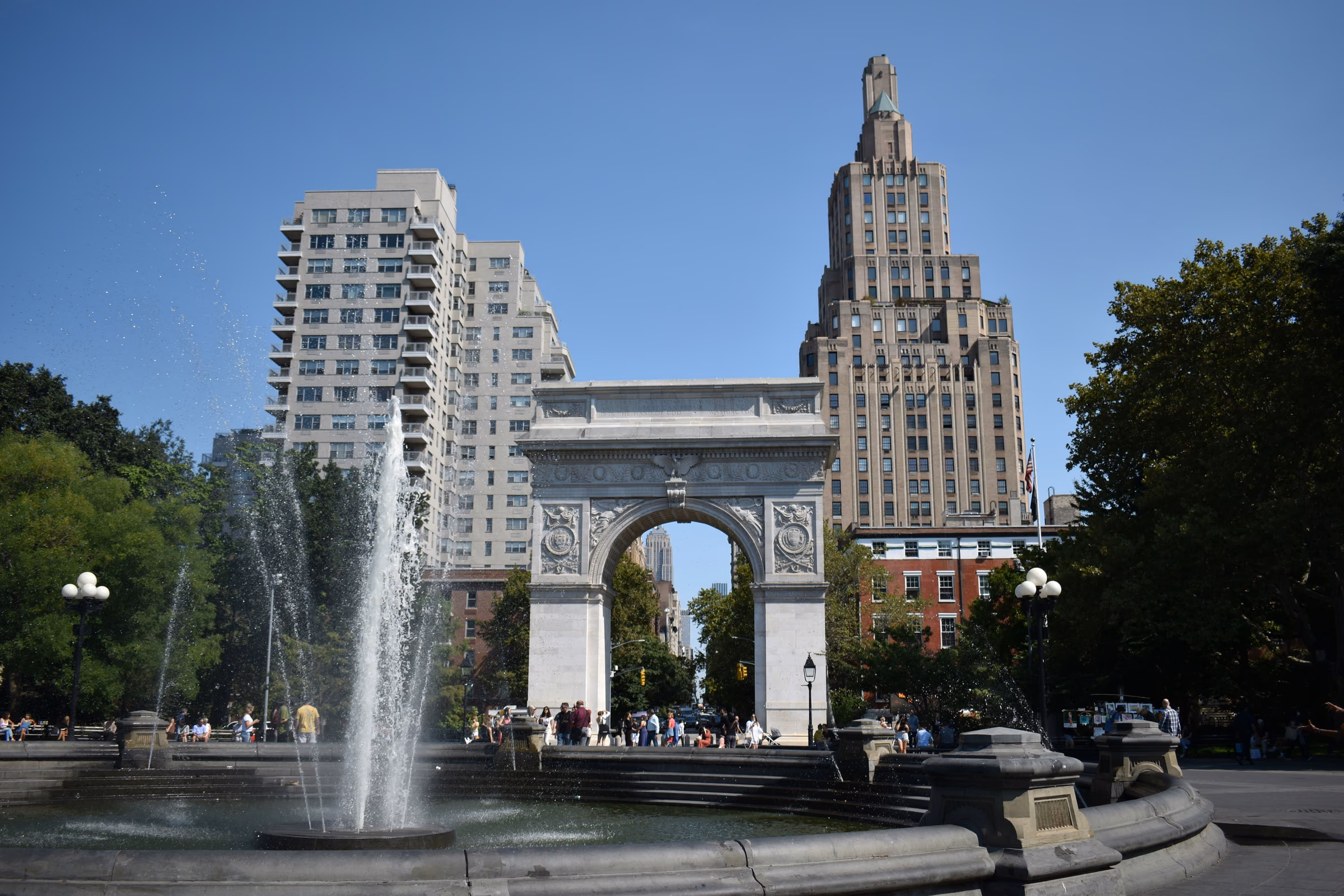 The Washington Square Arch and fountain in Greenwich Village, Manhattan.