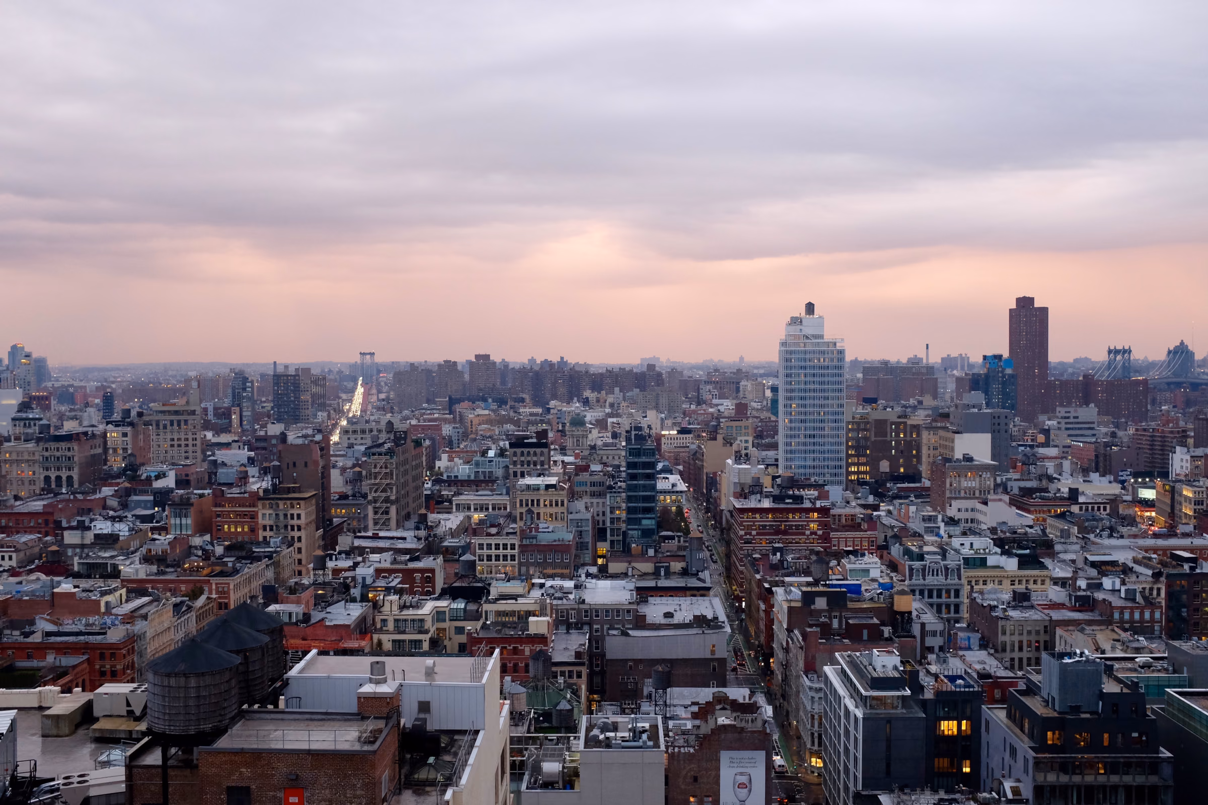 Hudson Square rooftops looking toward SoHo at dusk