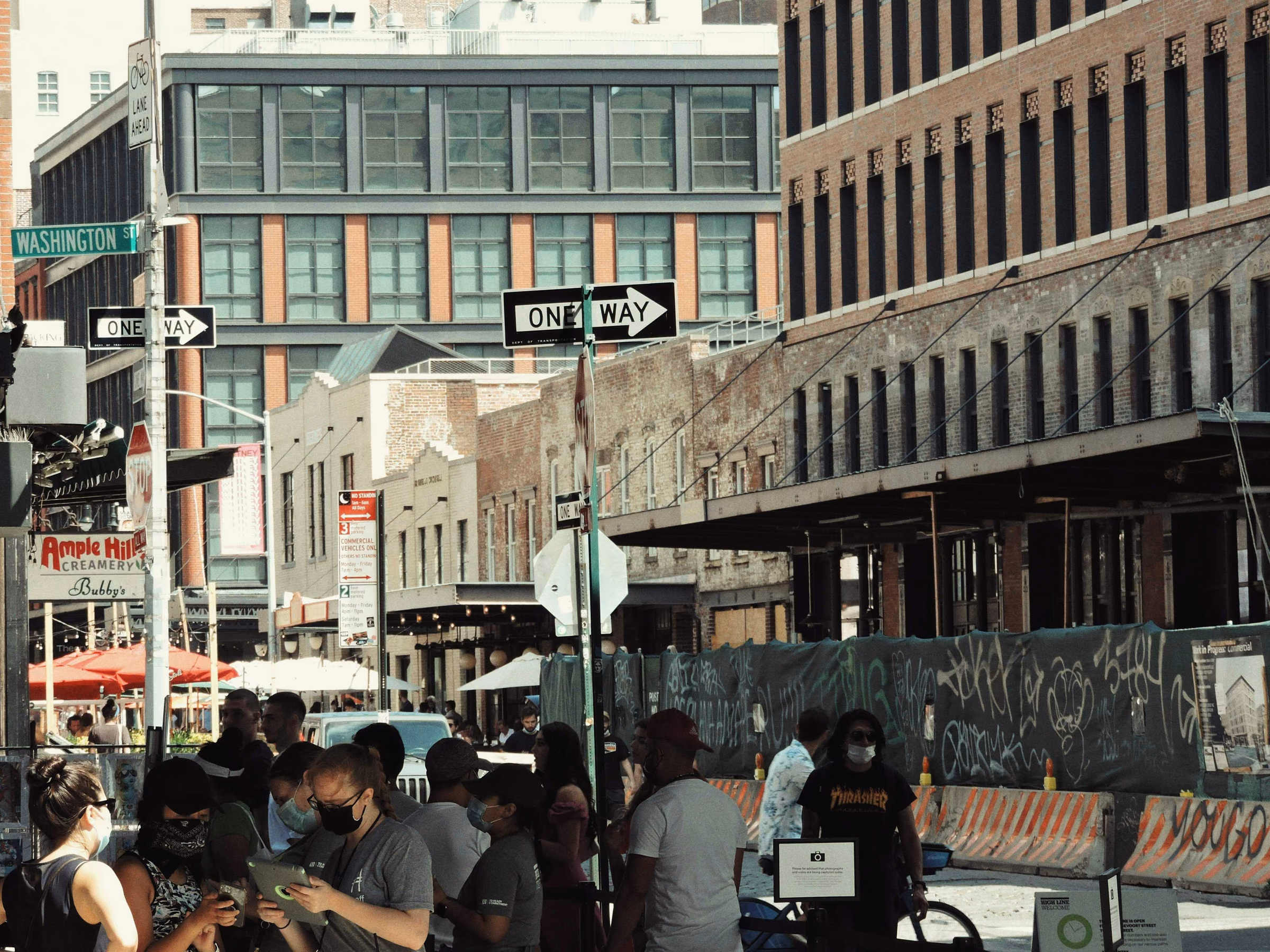 Gansevoort Street architecture and outdoor gathering in the Meatpacking District