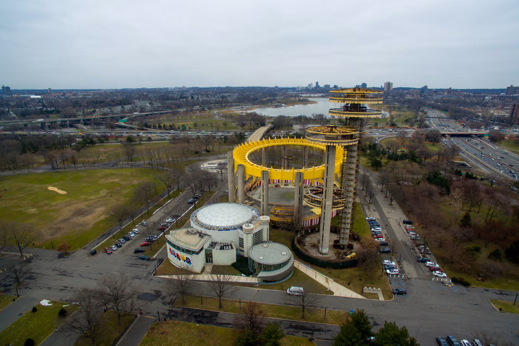Aerial view of Flushing Meadows Corona Park and the New York State Pavilion