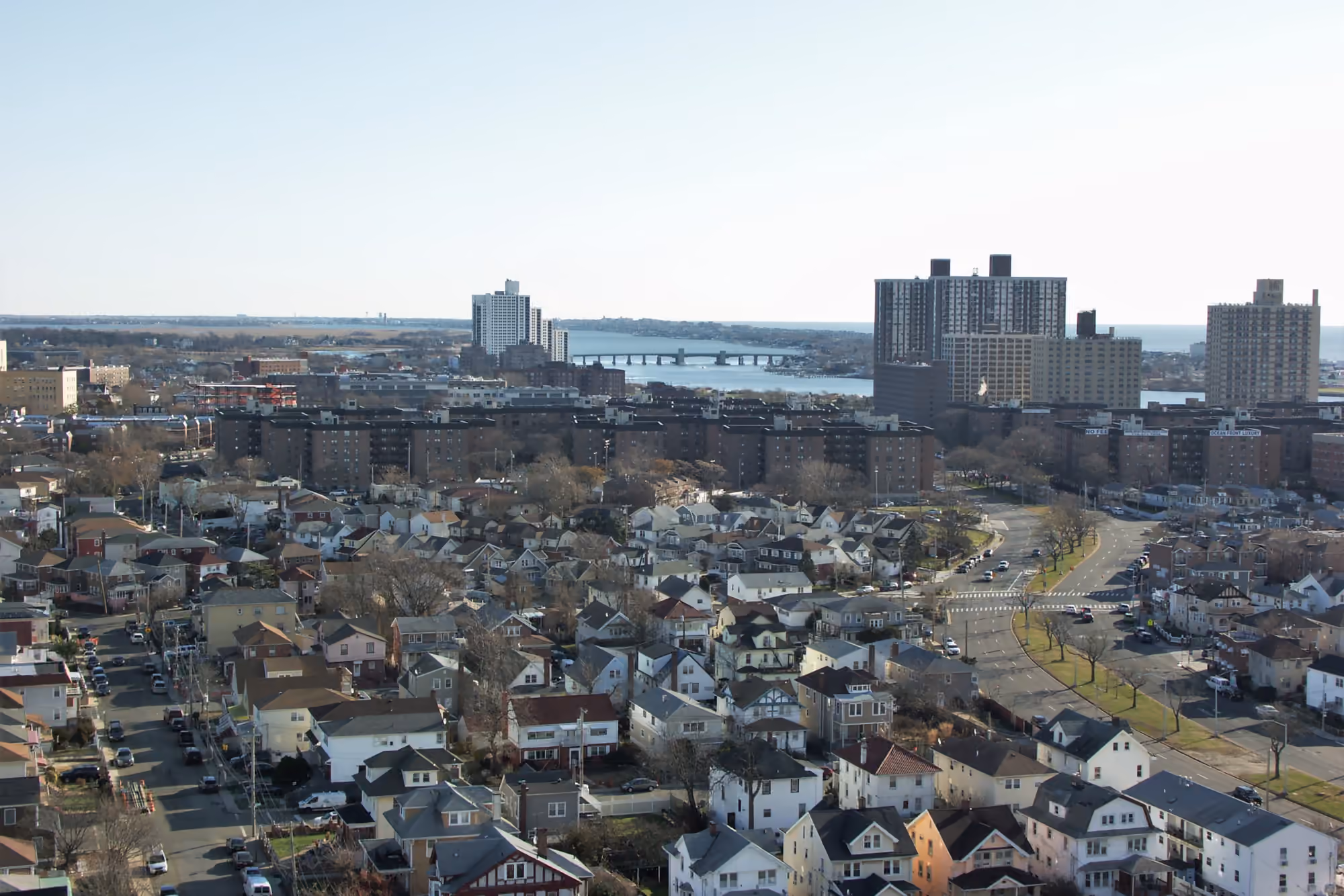 Aerial view of homes and apartment buildings in Far Rockaway