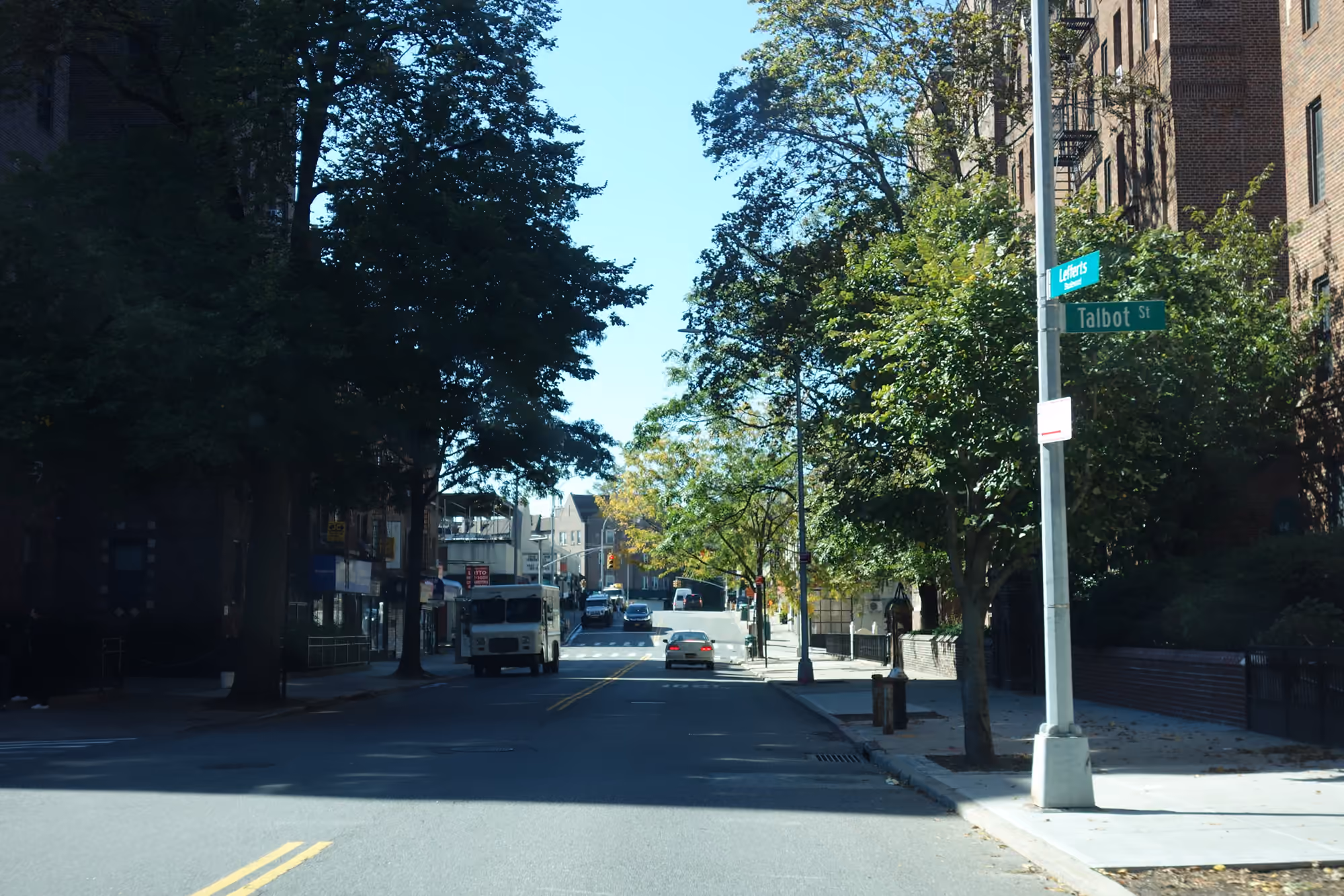 Tree-lined Lefferts Boulevard near Talbot Street in Kew Gardens