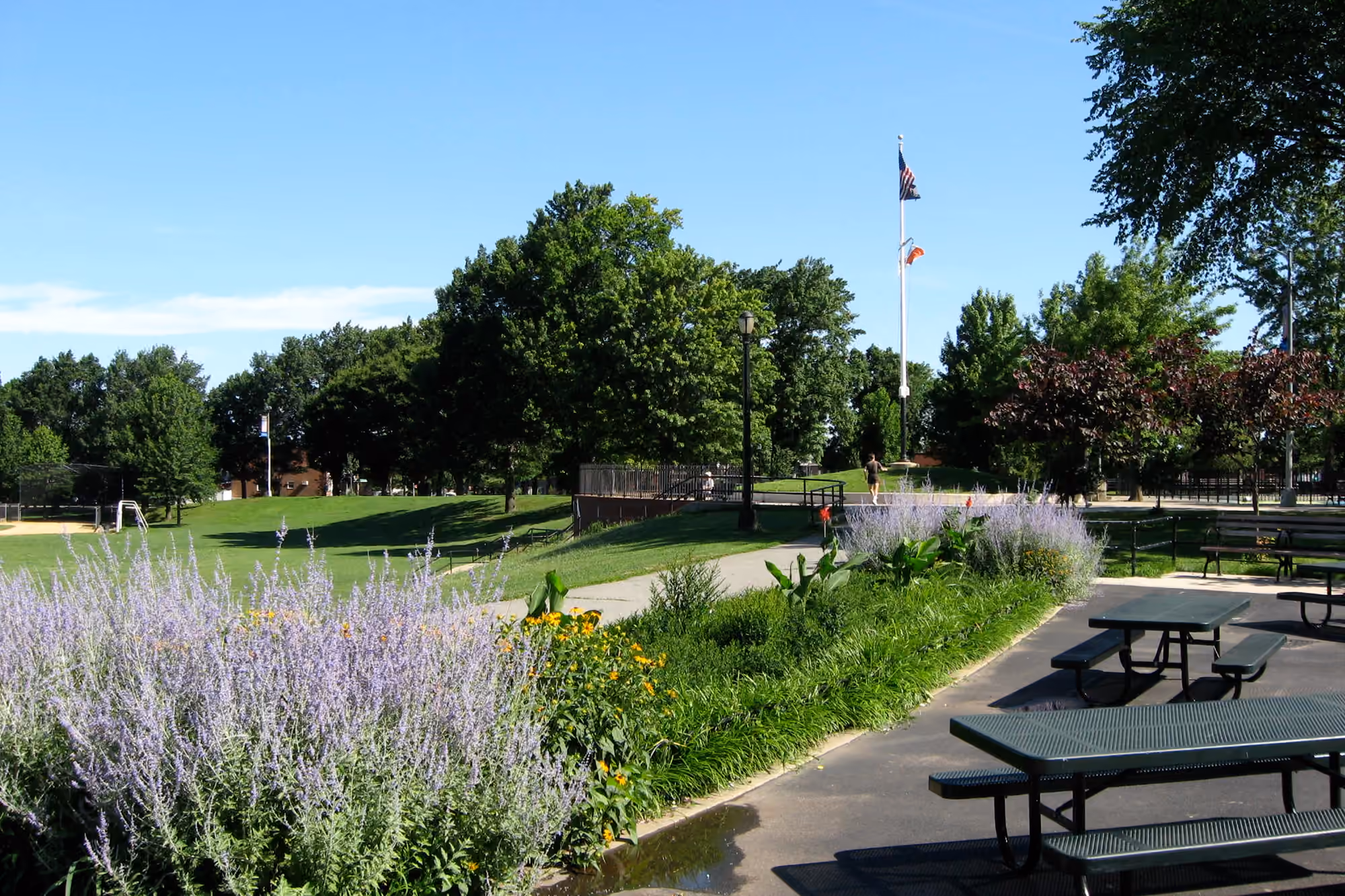Landscaping and open green space in Juniper Valley Park in Middle Village