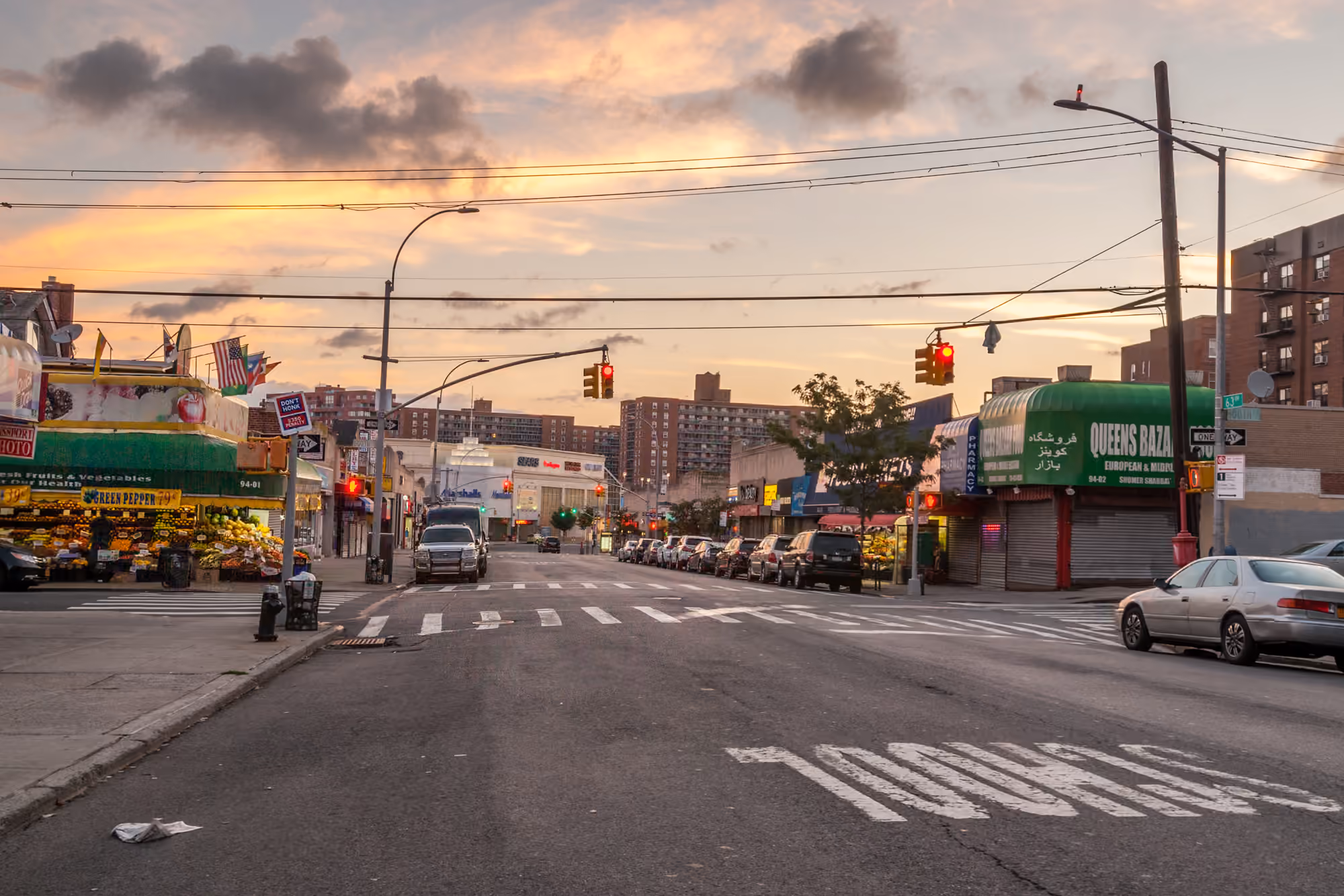 Buildings and local streets along 63rd Drive in Rego Park
